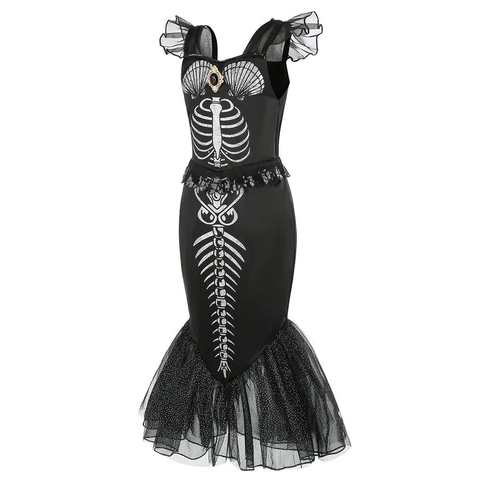 2025 Halloween Party Skeleton Mermaid Costume Girl Gothic Princess Ariel Dress Black Trumpet Frock Dead Siren Cosplay Apparel 3