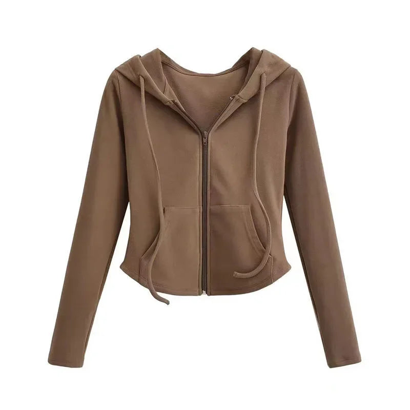 Lucyever Cropped Hooded Zip-Up Jacket Women Autumn New Slim Long Sleeve Y2K Sweatshirts Female Solid Streetwear Sports Hoodies 5