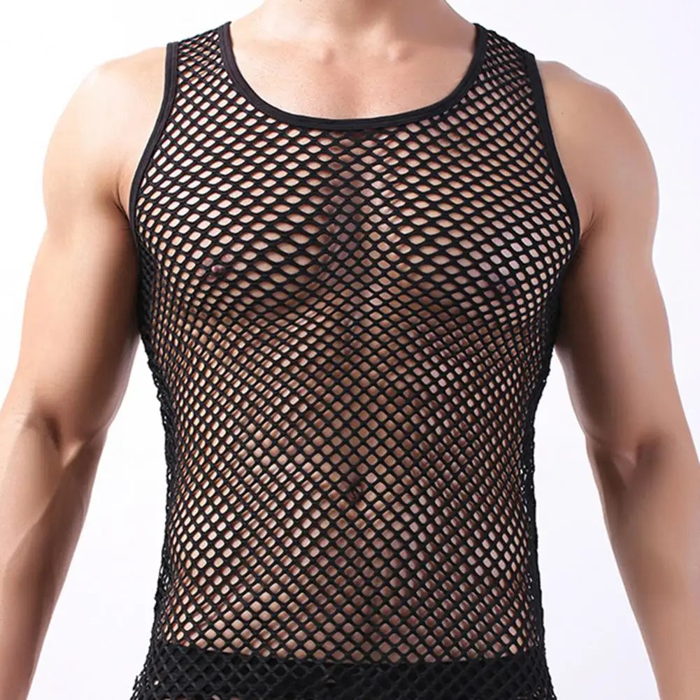 Fishnet Men Sexy Mesh Tank Tops Transparent Sleep Tops 2