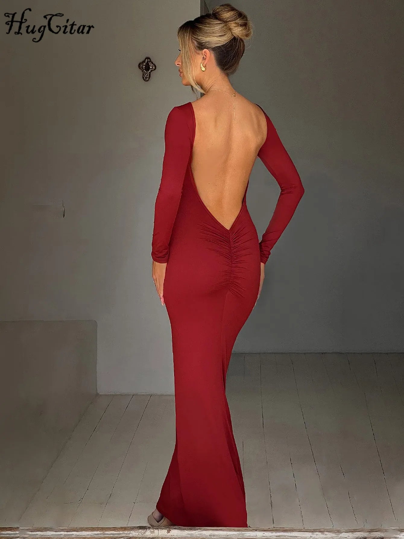 Elegant Long Sleeve Backless Solid Cuched Sexy Bodycon Maxi Prom Dress 5