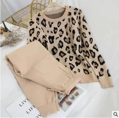 SMTHMA Women's Long Sleeve Knit Leopard Pullover Sweaters+Elastic Waist Pants Sets Fashion Trousers Two Pieces Costumes Outfit 8