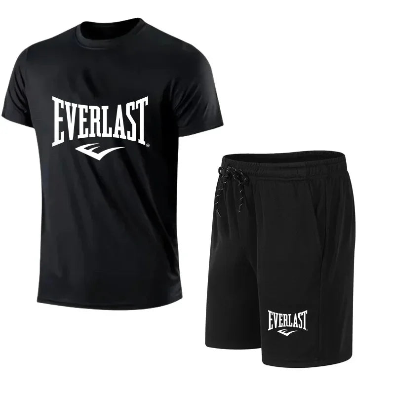 EVERLAST Men's T-shirt + Shorts 2pcs Set Leisure Breath Short Sleeve Sport Jogging Gym Brand Print Clothing 2