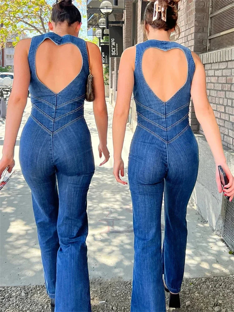 Backless Heart Cutout Denim Jumpsuit - Slim Sleeveless Bodycon One-Piece
