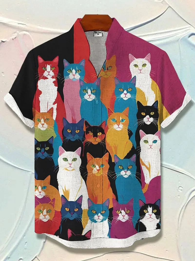 Men's Cat Graphics Shirts Short Sleeved Button Down Lapel Shirt For Summer Oversized Tops Vacation Casual Hawaiian Shirts 3
