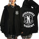 Men Women Nevermore Academy Logo Print Graphic Zipper Hoodie Casual Long Sleeve Harajuku Oversized Zip Up Coats Hoodies