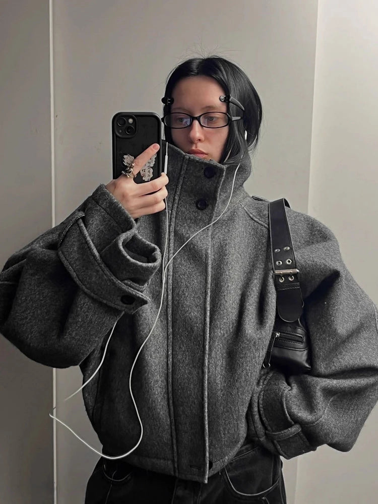 FSMG Vintage Loose Stand Collar woolen coat For Women Casual Solid Full Sleeve warm Cropped Overcoat Fashion High Street Outwear