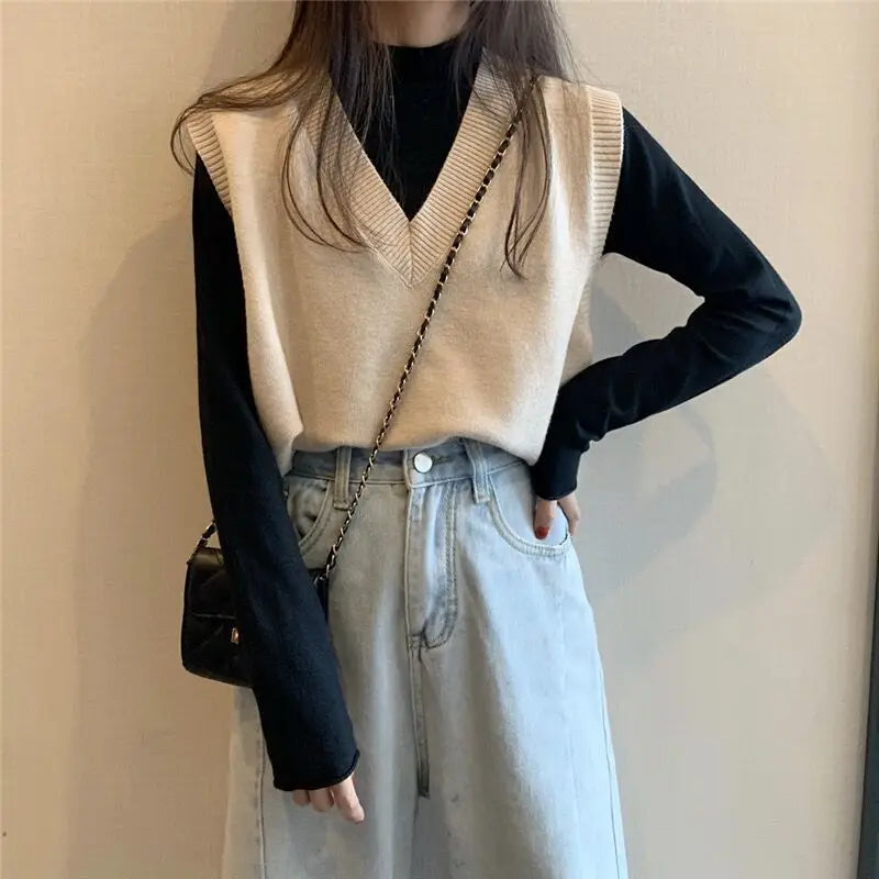 Sweater Vest Women Solid Autumn Winter All-match Leisure Outerwear Knitted V-Neck Sleeveless Female Elegant Chic Simple Harajuku 3