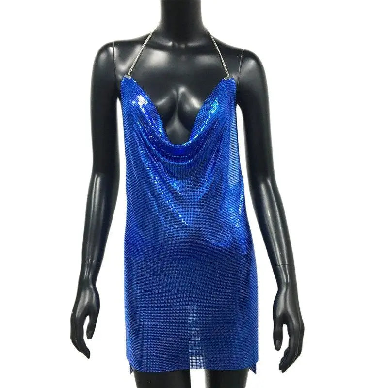 2024 Sexy Clubwear Backless Sequin Short Dress For Women Cocktail Metalic Split Mesh Harness Body Chain Club Low Cut Mini Dress 15