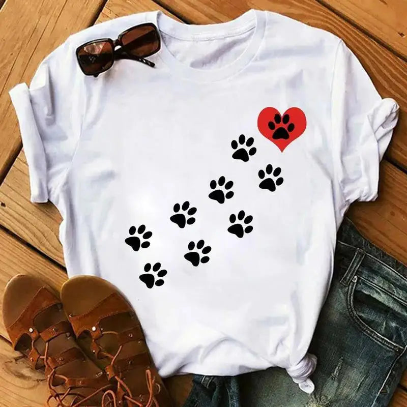 Cartoon Colorful Heart Dog Paw Graphic Print T Shirt 90s Fashion Casual Women Men Short Sleeve Plus Size T Shirt Unisex 4