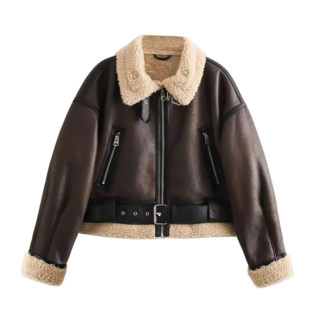 2024 Autumn/Winter New Product Casual Women's Wear Flip Collar Fur Integrated Loose and Versatile Short Jacket Coat 4