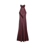 Women's Long Satin Halter Dress, Backless, Bow Tied, Back Zipper, Female Dresses, Sexy Fashion