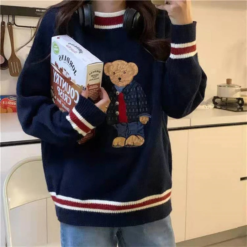 2024 Autumn Winter Women's Vest Japanese Style Cartoon Bear Pullover Vest Sweater Oversize Harajuku Kawaii Clothes Knitted Vest 2