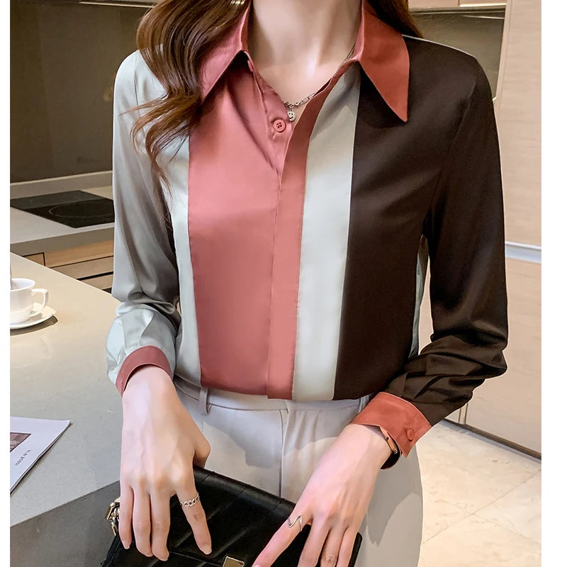Fashion Elegant Long Sleeve Office Shirt Spring Vintage Stripe Satin Women Blouse 2025 Autumn Button Casual Loose Tops Clothing 5