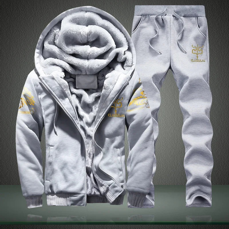 Men's autumn and winter sports set hooded casual cardigan jacket outdoor thickened warm sports shirt+pants two-piece set 3