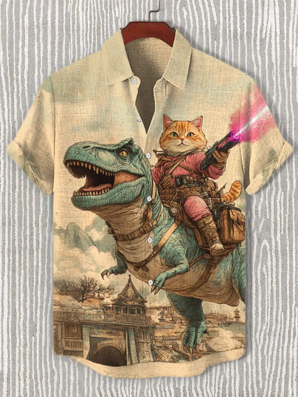 Men's Playful Cat Graphic Button-Down