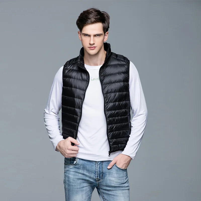 Autumn and Winter Men's 90% White Duck Down Vest Casual Lightweight Down Warm Solid Sleeveless Jacket Men's Portable Pocket Vest