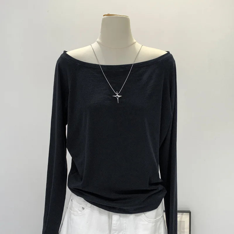 Autumn Winter One Shoulder Cotton Long Sleeve Slant Shoulder Women's Clothing Style Interior Wide Truffle Shoulder Base Shirt 6