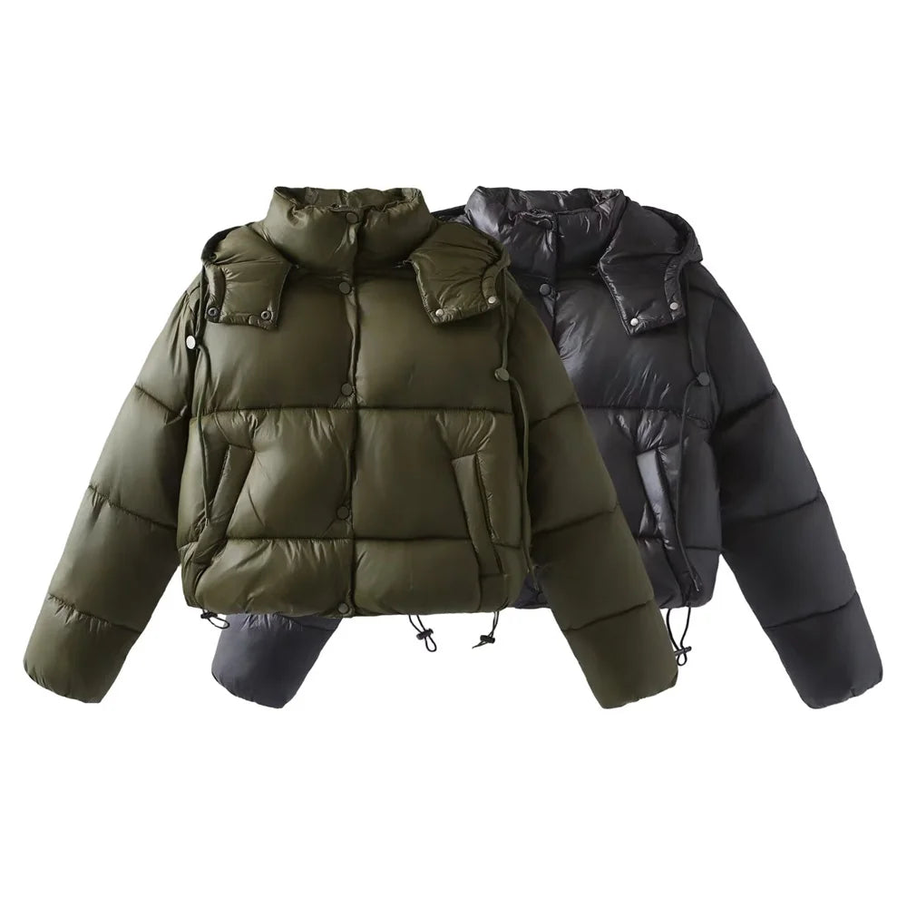 Autumn/Winter New Product Women's Standing Neck Hooded Long Sleeve Side Pocket Short Cotton Coat Jacket