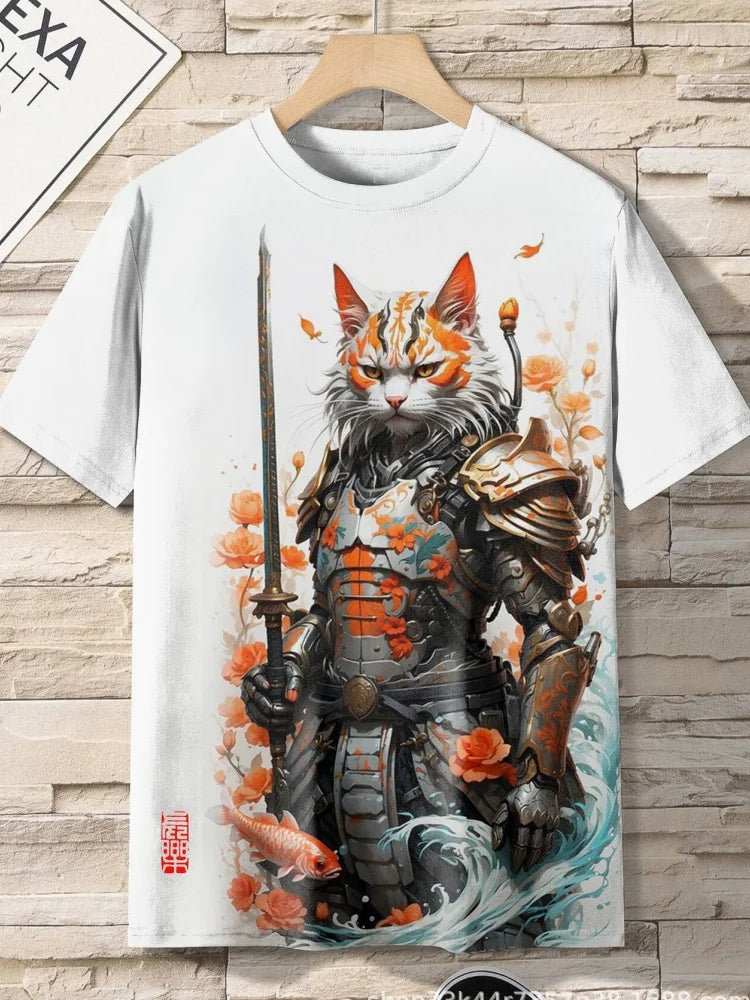 3D Printed Samurai Cat T-Shirt Men - Japanese Style Clothing 3