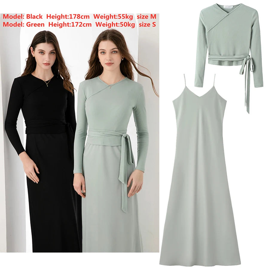 woman clothing high Stretch ribbing closed-fit wrap tops + Matte Satin dress Maxi matching sets 4
