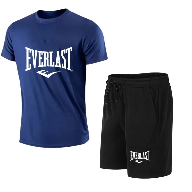 EVERLAST Men's T-shirt + Shorts 2pcs Set Leisure Breath Short Sleeve Sport Jogging Gym Brand Print Clothing
