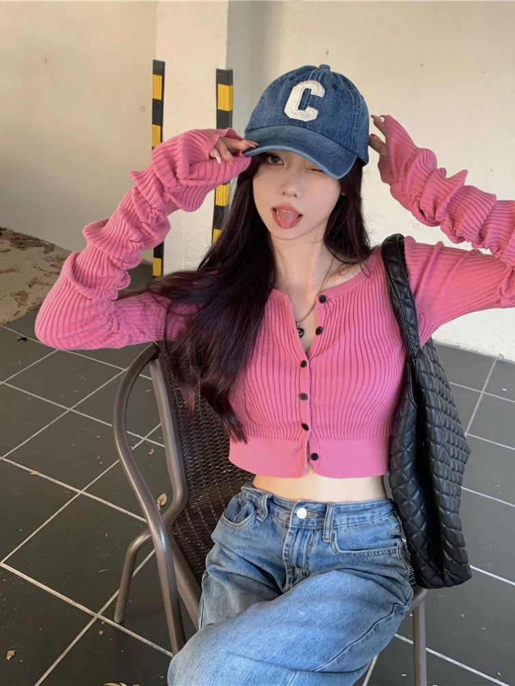 Pink Slim Cardigan Women Cropped Sweaters Autumn Long Sleeve Knitwear Harajuku Stylish for Ladies Y2k Clothes Sexy Cute Retro 4
