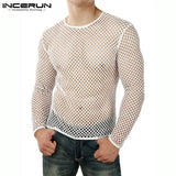 Men T Shirt Mesh Transparent O-neck Long Sleeve T-shirts Sexy Streetwear Fashion Party Nightclub 2