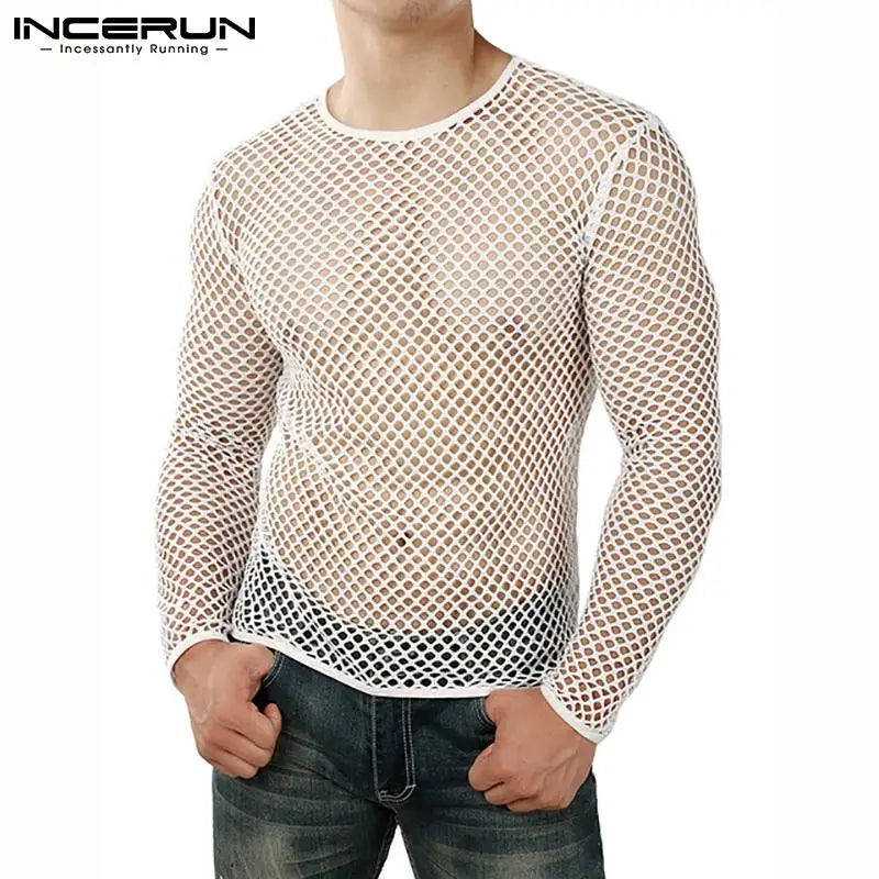 Men T Shirt Mesh Transparent O-neck Long Sleeve T-shirts Sexy Streetwear Fashion Party Nightclub 2