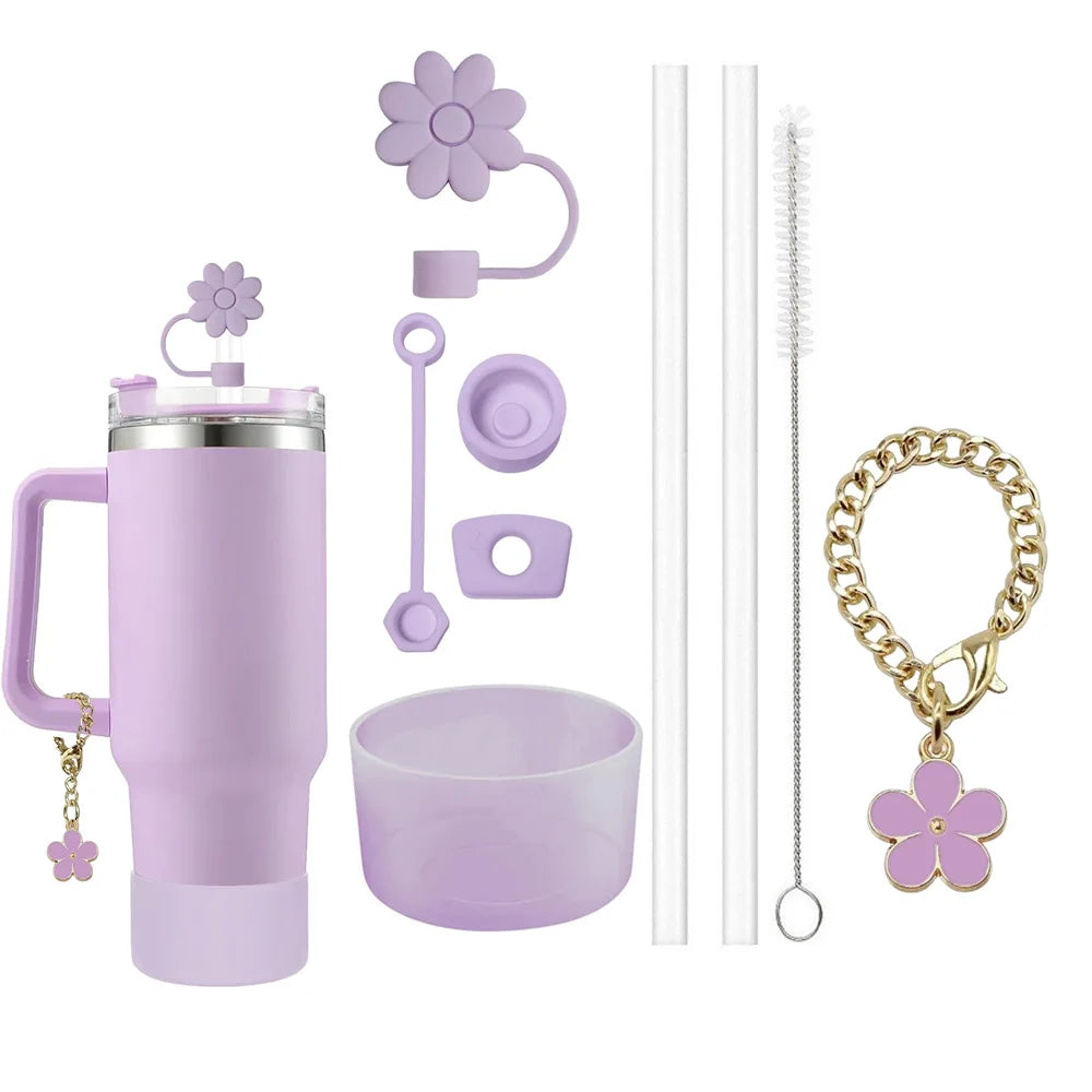 9pcs Accessories Set 3 Spill Proof Stopper Flowers Straw Cover Boot 2 Straw and Brush and 1 Flower Charm Chain for Stanley Cup 4