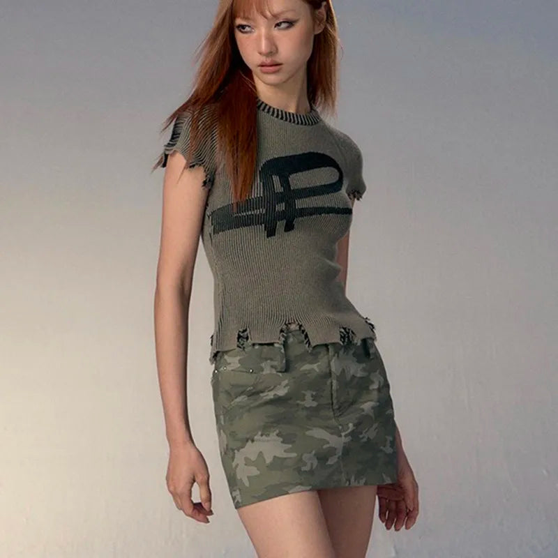 Karrcat Grunge Aesthetics Knitted Top Vintage Distressed T-shirt Punk Broken Crop Top Harajuku Slim Ribbed Tshirt Y2k Streetwear 3