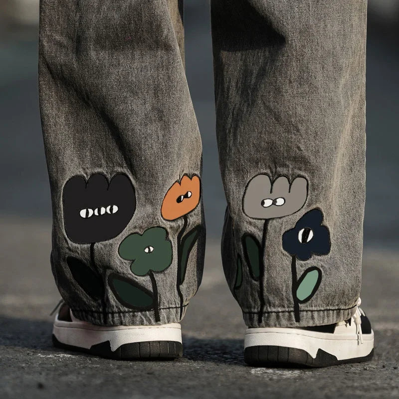 Men's Y2K Flower Printed Baggy Jeans | 2025 Streetwear Wide-Leg Denim Trousers 4