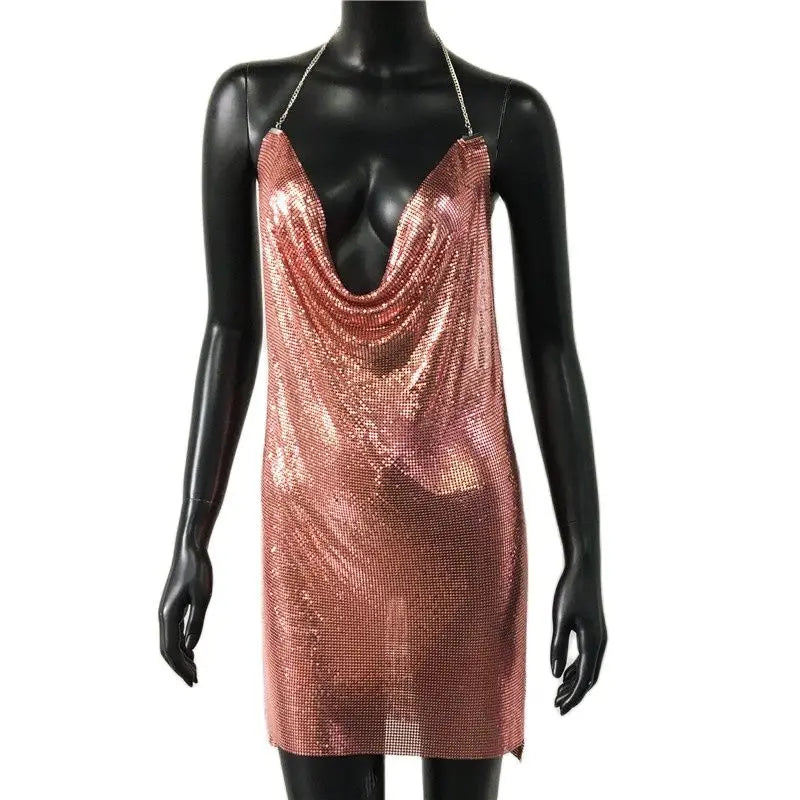 2024 Sexy Clubwear Backless Sequin Short Dress For Women Cocktail Metalic Split Mesh Harness Body Chain Club Low Cut Mini Dress 16