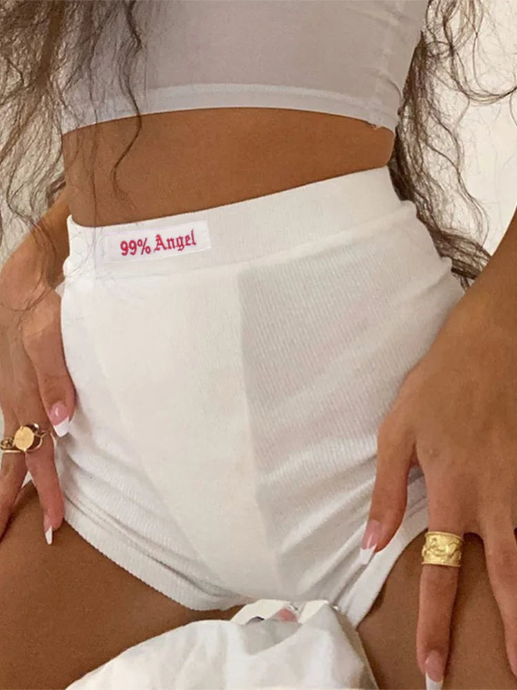 Summer White Letter Embroidery Biker Shorts Women Ribber Knit Black High Waist Casual Streetwear Shorts 8