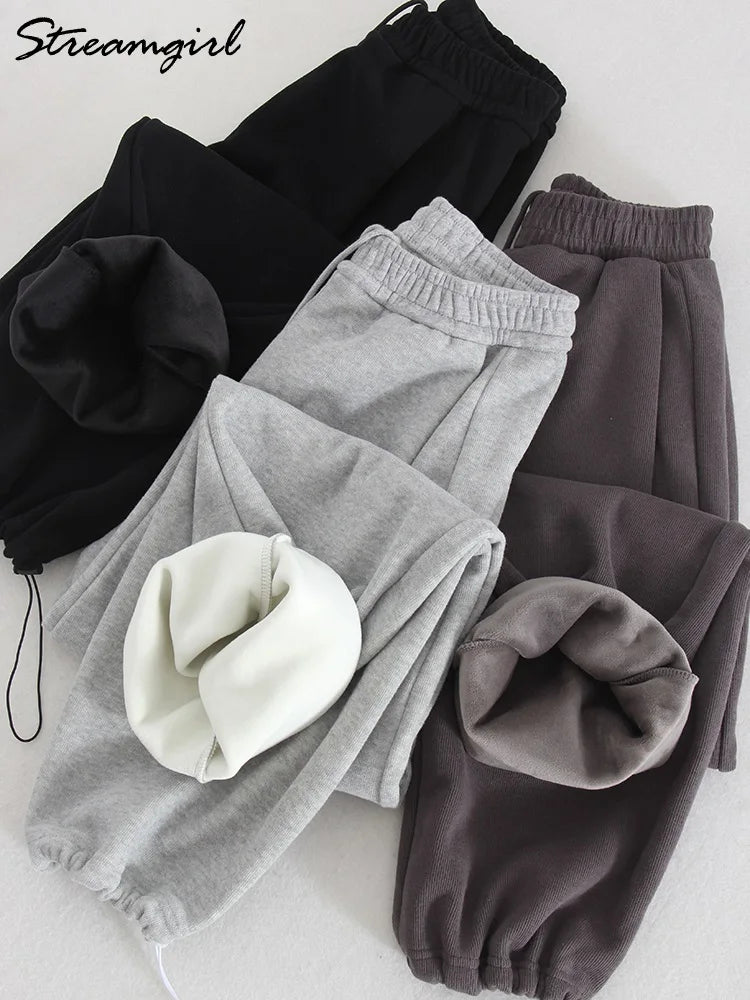 Winter Warm Sweatpants For Women High Waist Jogger Velvet Wide Leg Trousers Women's Sports Pants Autumn Fleece Sweatpants Women 2