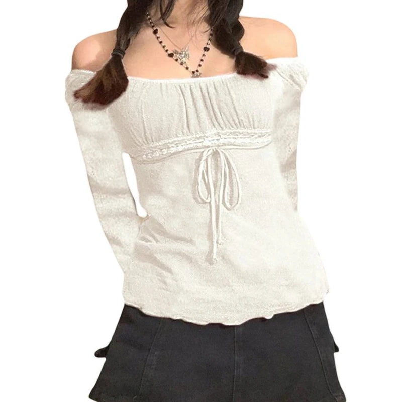 Xingqing-2000s-Aesthetic-Sweet-Lace-Tops-Women-Off-Shoulder-Drawstring-T-shirt-Korean-Fashion-Female-Tee