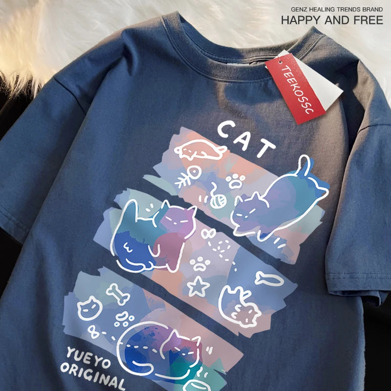 Fun Mischievous Cat Print Japanese Style T-Shirts Men