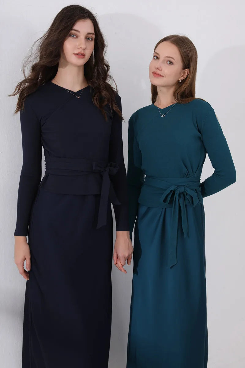 woman clothes thicken ribbing closed-fit wrap tops + Satin Adjustable straps dress