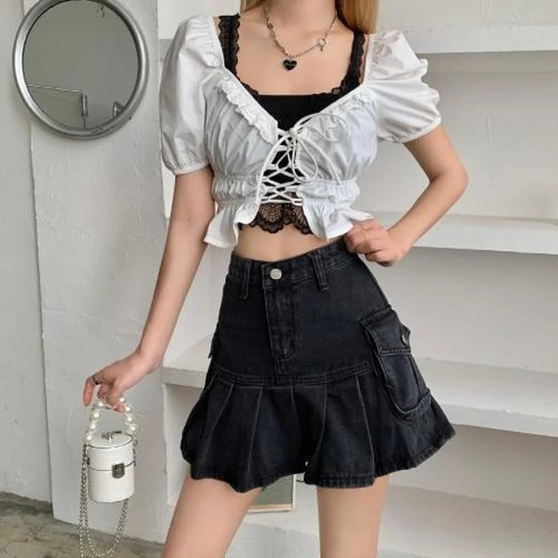 Skirts Women Summer High Waist Denim Mini Vintage Cargo Pockets Pleated Sexy Fashion Design Classy Cool Sweet College Streetwear 3