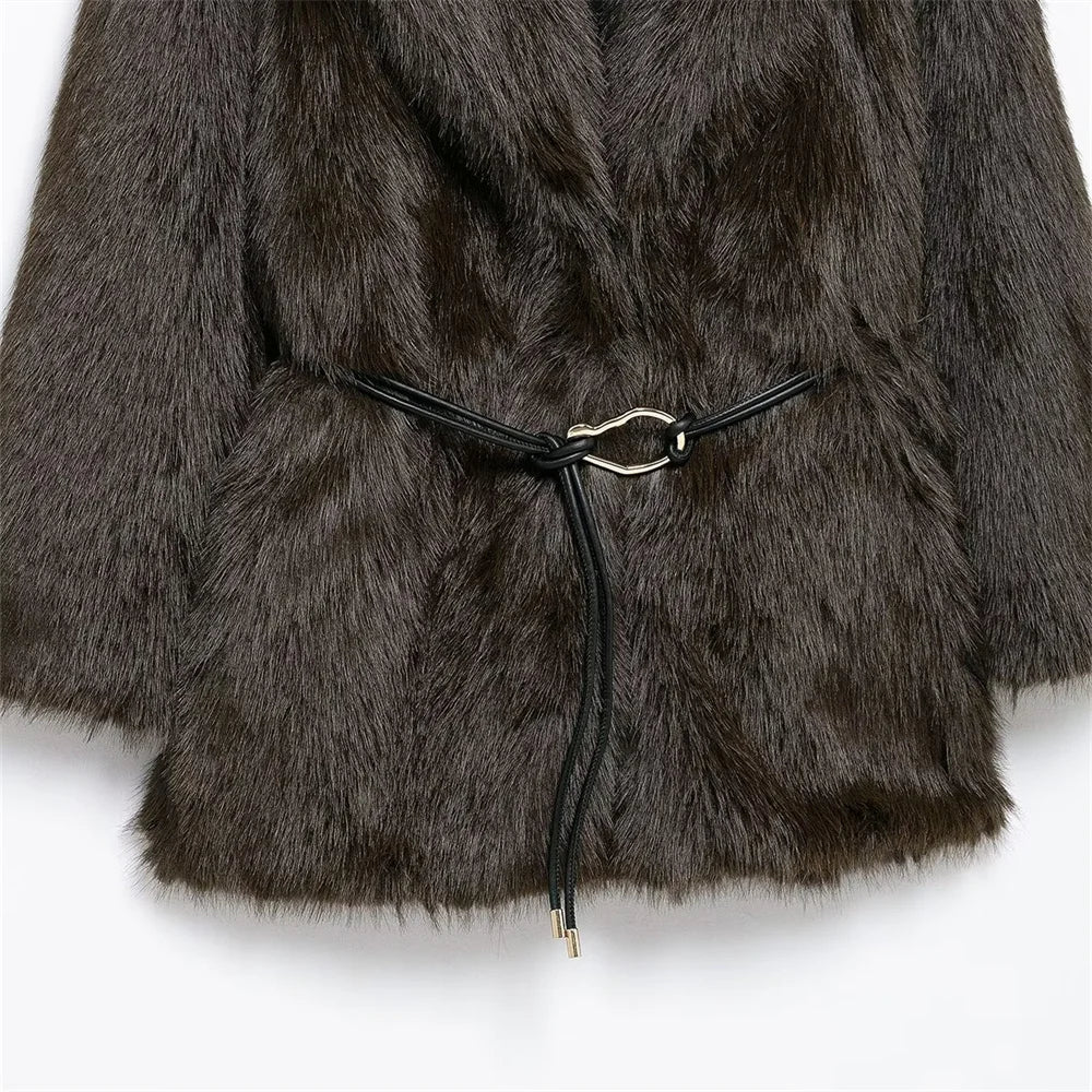 Women's Belt Decoration Collar Solid Color Medium Long Coat Autumn/Winter New Long Sleeve Loose Coat 6