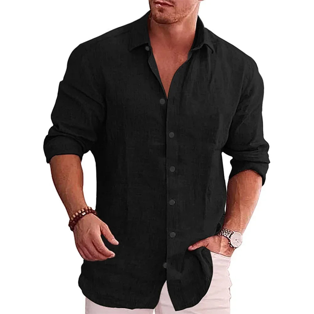 Cotton Linen Autumn Men's Long Sleeve Shirt Solid Color Casual Style Plus Size Men's Casual Linen Shirt 2