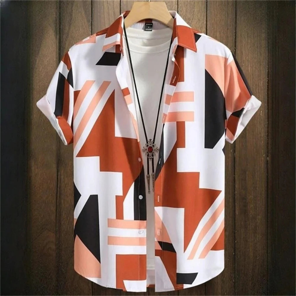3D Printed Men's Lapel Shirt - Geometric Design, Short Sleeve Hawaiian Style