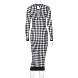 Elegant Slim Fit Houndstooth Midi Dress - Women's Long Sleeve Bodycon Streetwear for Club 6
