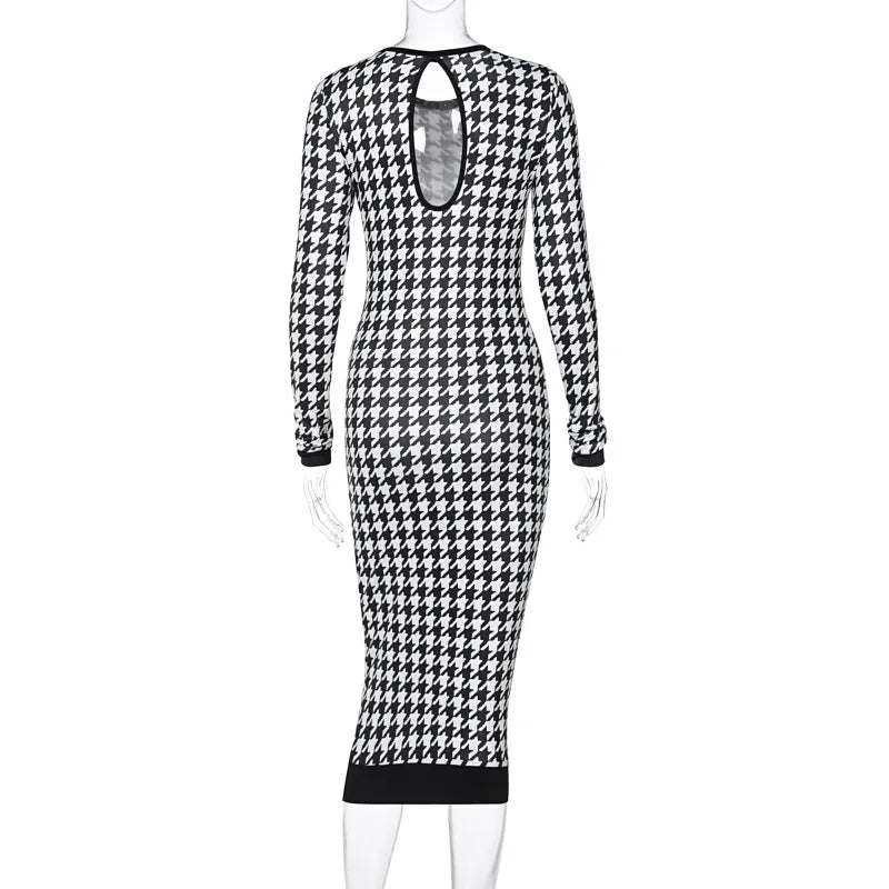 Elegant Slim Fit Houndstooth Midi Dress - Women's Long Sleeve Bodycon Streetwear for Club 6