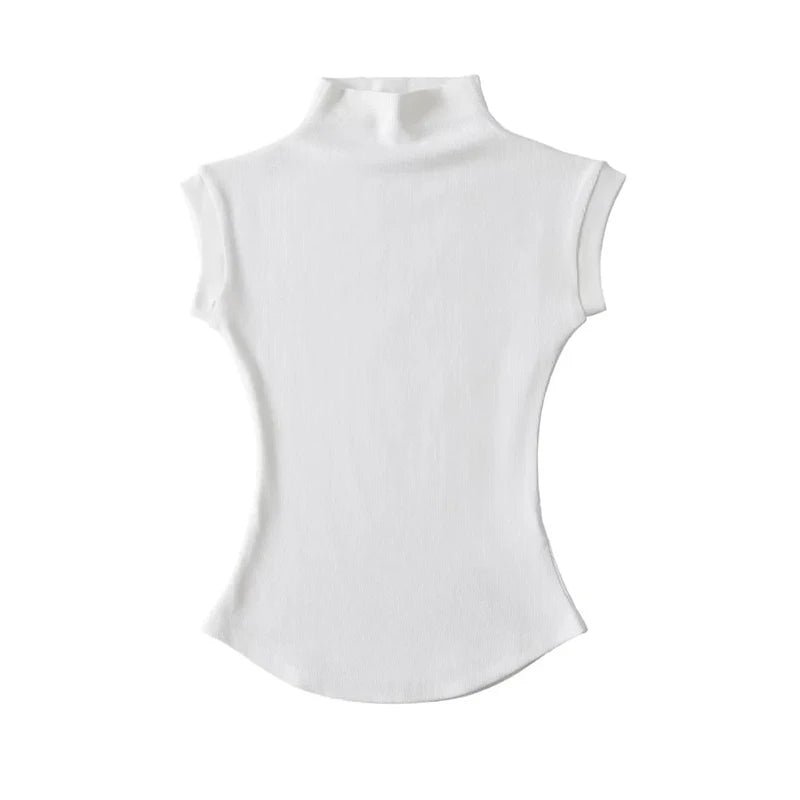 Women Summer Sexy Turtleneck Sleeveless T-Shirts Tops Solid Slim Fit Pullovers Causal Tees Shirts Female Streetwear Basics Tees 5