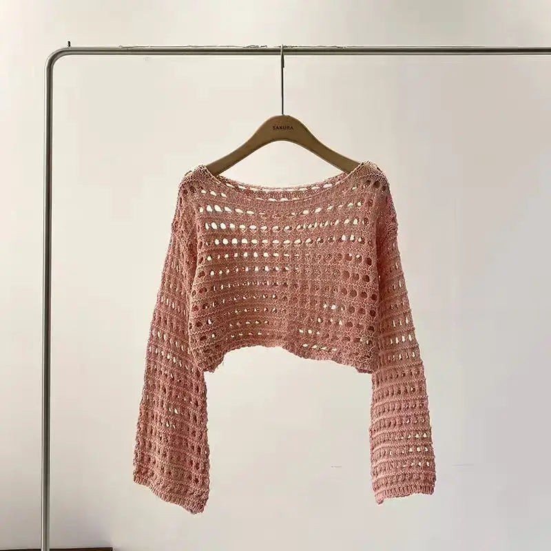 Fishnet Crochet Top Long Sleeve Crop Pullover Women Summer Cover Up Open-knit Blouse Y2K Grunge Outfit 6