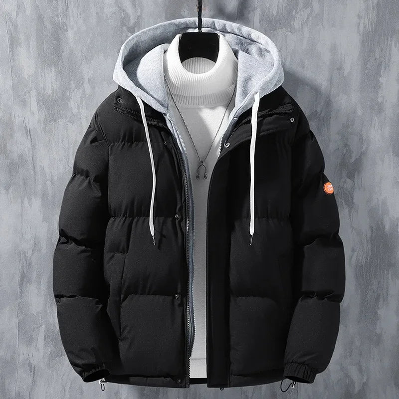 Winter Loose-fit Thickened Warm Cotton Coat Hood For Men Trendy Student Puffer Jacket Two-piece Illusion 2