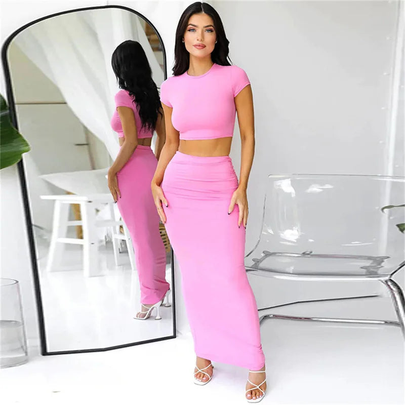 Slim Crop Top Tees Long Skirts Two Piece Set For Women 2024 Summer Short Open Navel Tshirt High Waist Wrapped Skirt Casual Set 6