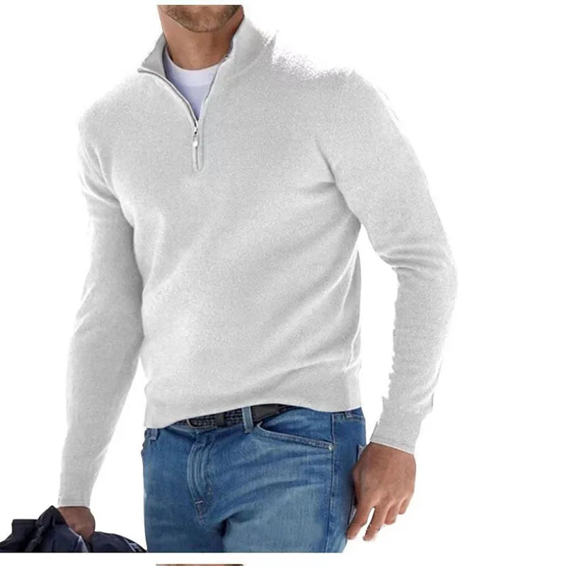 Autumn-Men-s-Sweatwear-Warm-Pullover-Solid-Color-Half-Zipper-Casual-Sweater-Slim-V-neck-Long