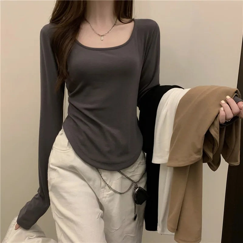 Women Long Sleeve Square Neck T-Shirt Spring And Autumn New Irregular Hem Slim Casual Top Girl Bottom Shirts 1