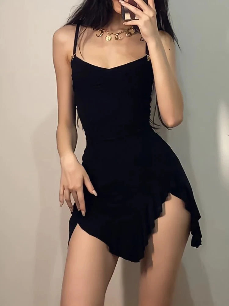 Women Sexy Side Slit Ruffled Mini Dress Sleeveless Spaghetti Strap Dress for Parties and Clubs Solid Pull Cord Separate Dress 3